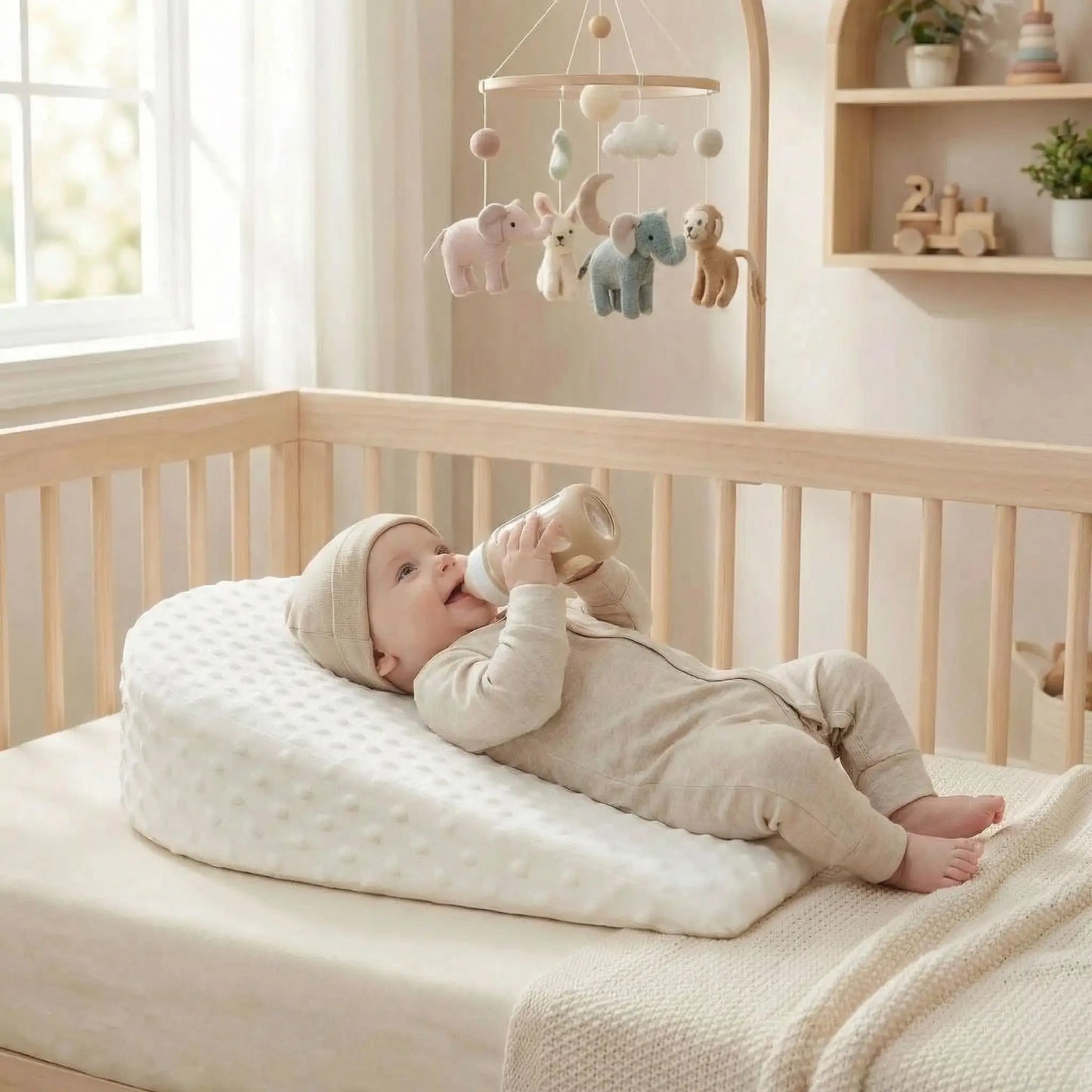 bébé allongé sur un plan incliné-bébé-boit son bibron