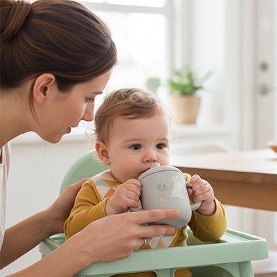 bebe boit dans son Gobelet bébé gris