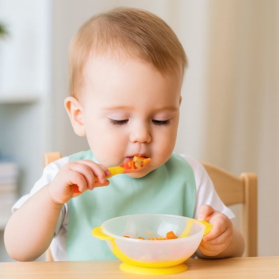 Bébé mange avec assiette bébé ventouse
