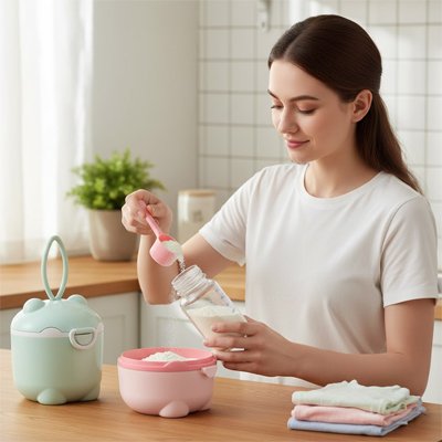Boite doseuse lait rose sur table