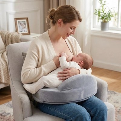 Coussin d'allaitement couleur gris avec maman