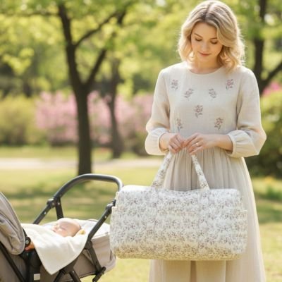 maman avec un Sac à langer et une poussette