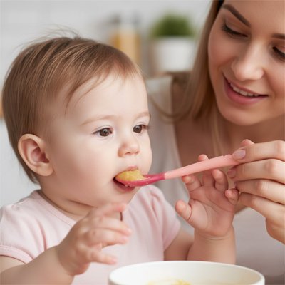Maman donne la nourriture a son bébé avec une Cuillère bébé