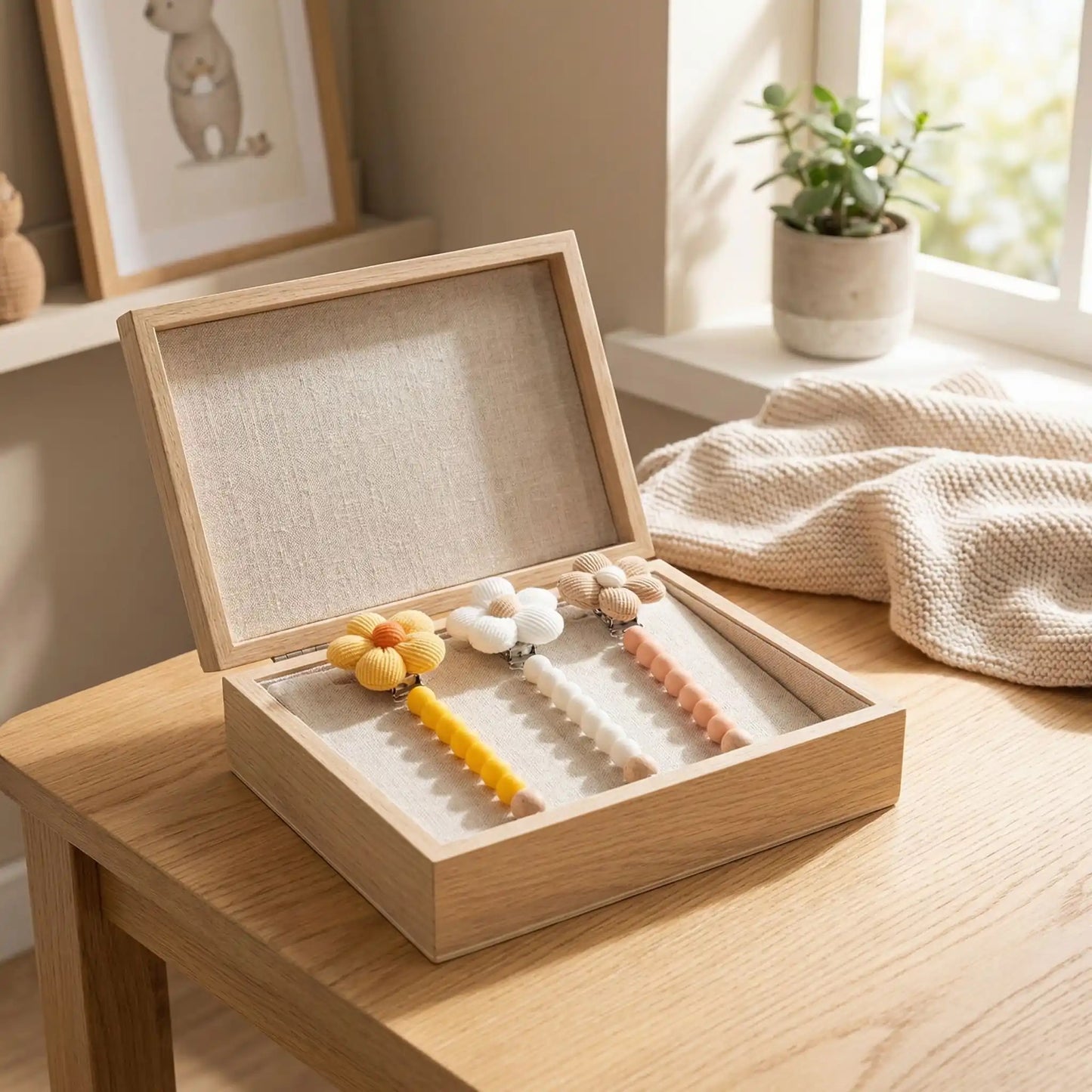 3 attache tetine dans une boite de rangement