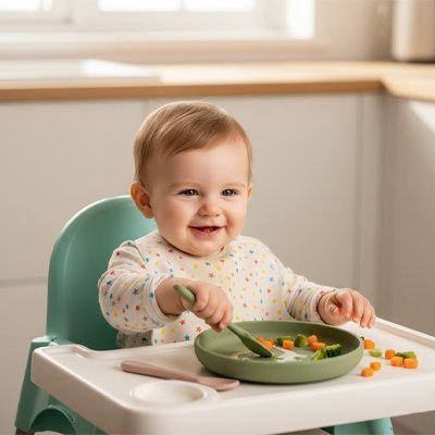 Assiette bébé  sur une chaise haute 