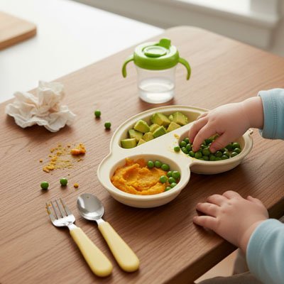 Assiette bébé ventouse avec cuillère sur table