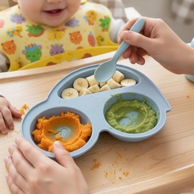 Assiette bébé ventouse avec nourriture sur chaise haute