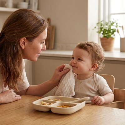 Assiette bébé ventouse beige sur table