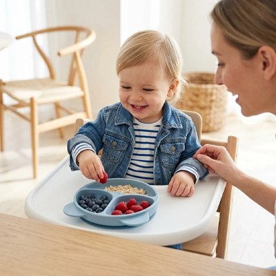Assiette bébé ventouse bleu avec  compartiments 