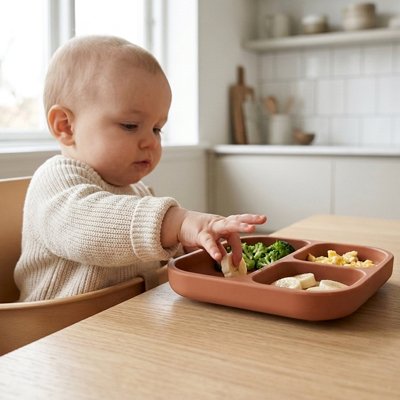 Assiette bébé ventouse brun sur table