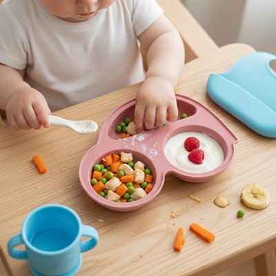 Assiette bébé ventouse rose avec verre sur table