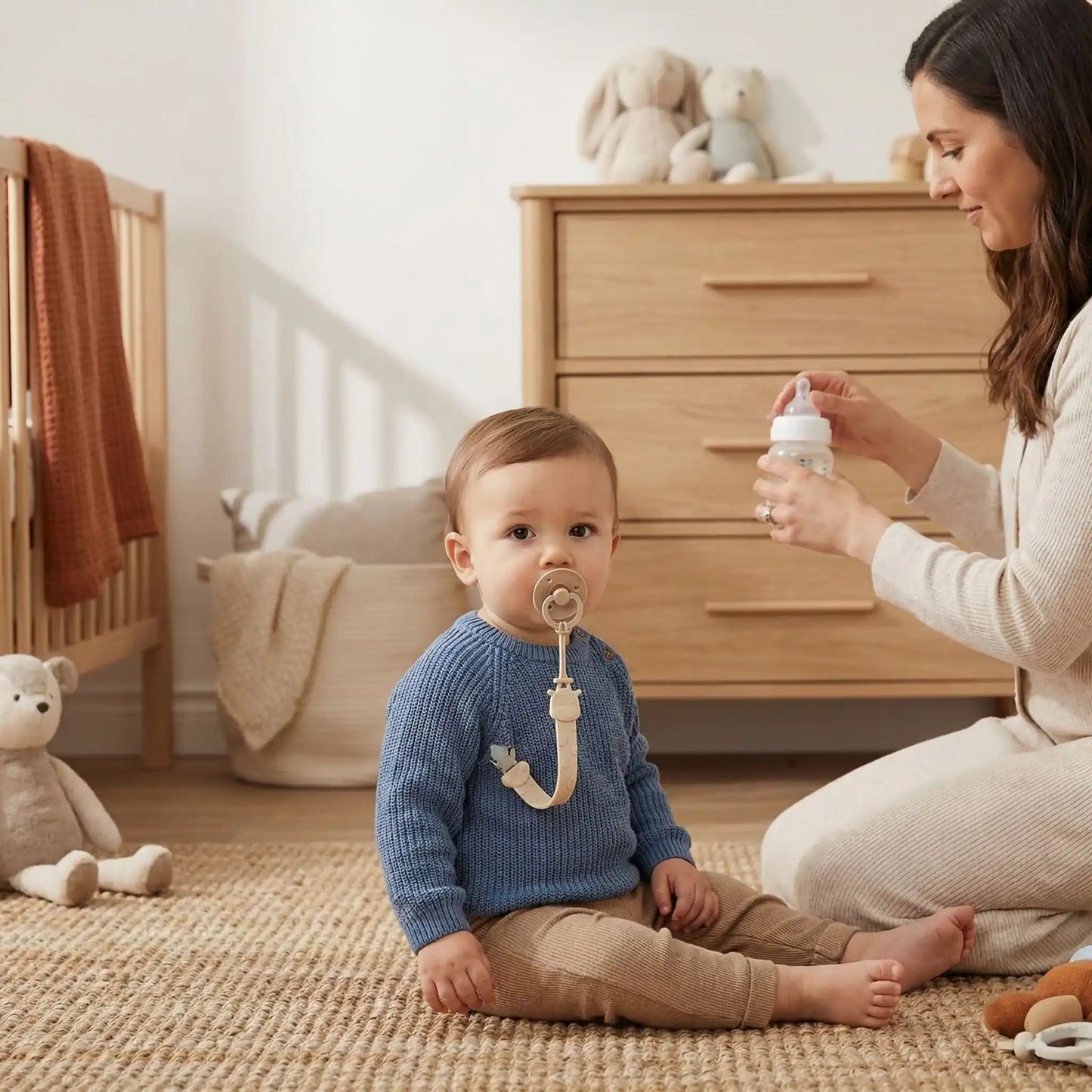 attache tetine en silicone beige attachee sur chandail bebe