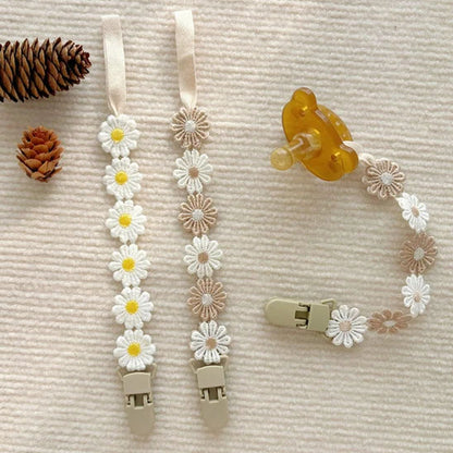 attache tetine tissu-fleur margueriteblanc-beige