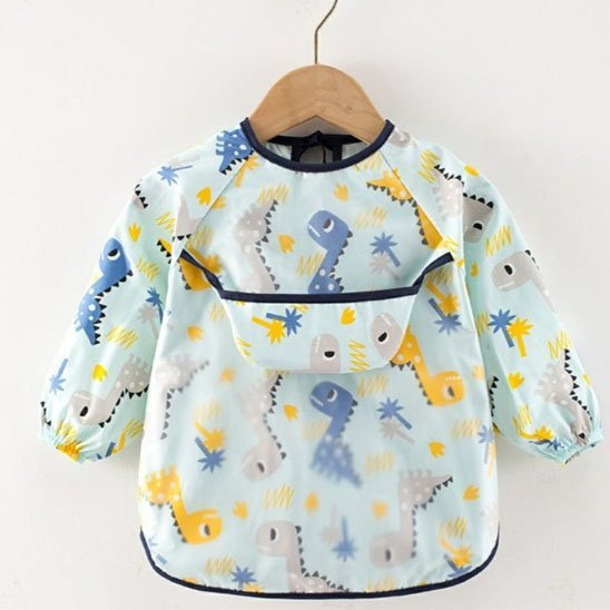 Bavoir manche longue avec motif dinosaure bleu et jaune