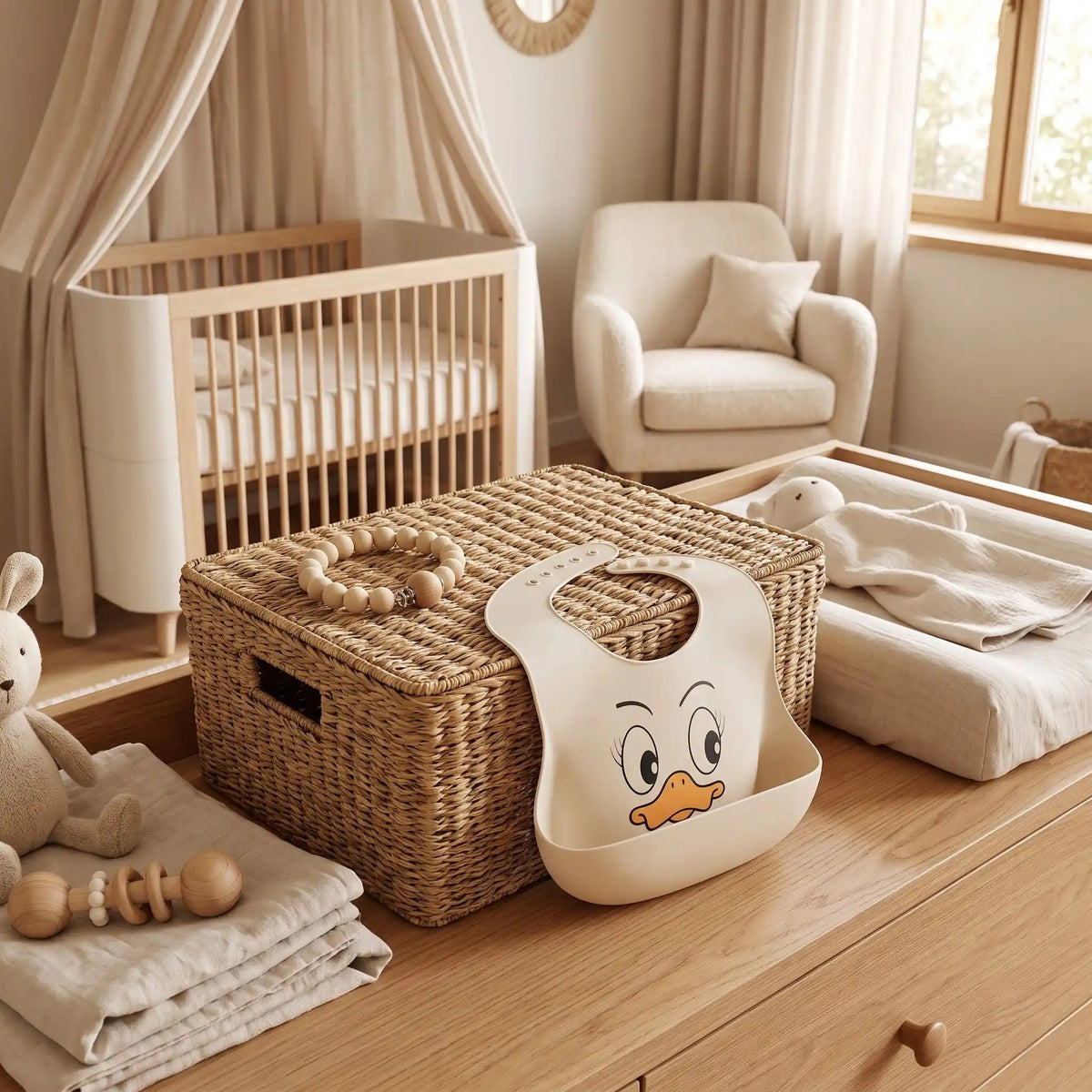 bavoir récupérateur bebe avec motif canard sur une boite de rangement