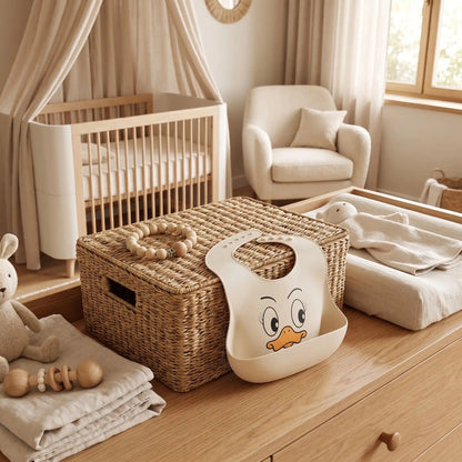 bavoir récupérateur bebe avec motif canard sur une boite de rangement