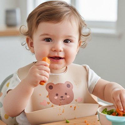 Bavoir silicone sur bébé qui mange du carotte