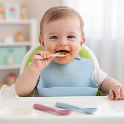 Bébé mange avec cuillère bébé beige 
