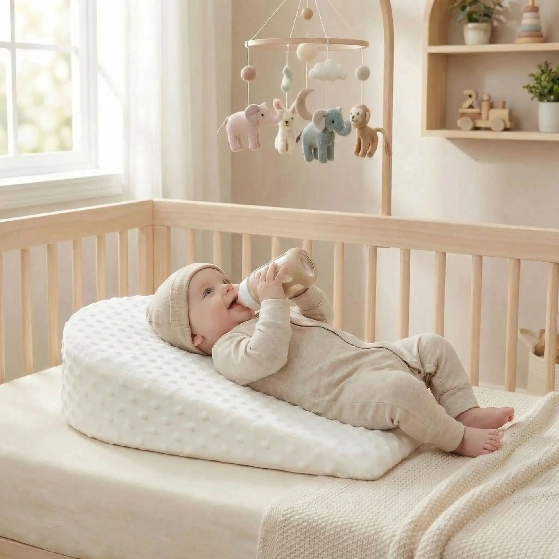bébé allongé sur un plan incliné-bébé-boit son bibron