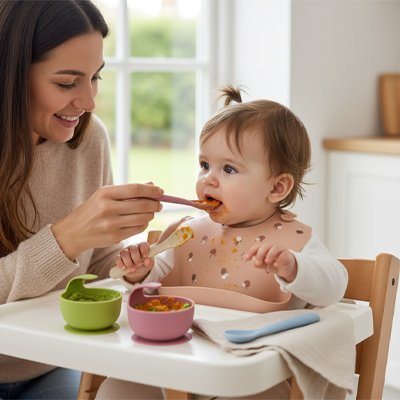 Bébé avec cuillère bébé rose