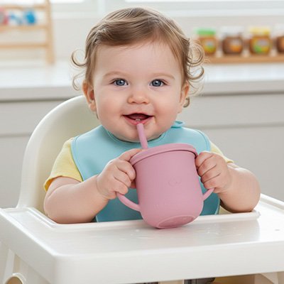 bébé boit avec gobelet bébé rose