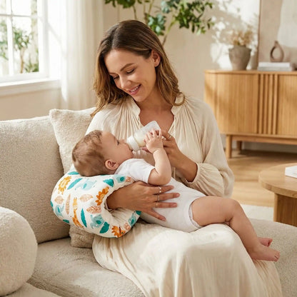 Bébé boit un biberon sur un coussin d'allaitement 
