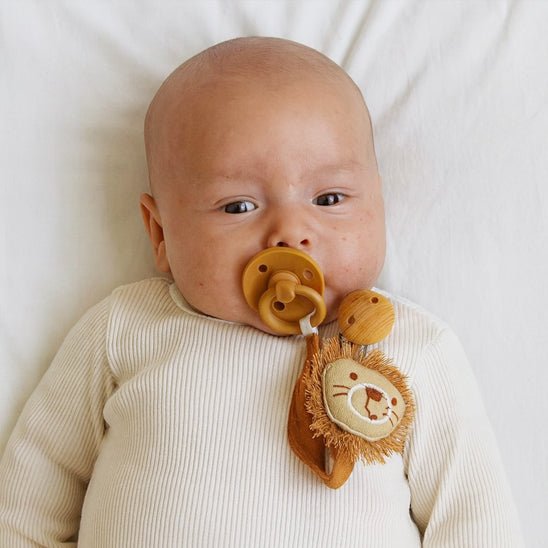 bebe calme avec attache tetine et  tétine  dans la bouche 
