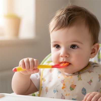 Bébé garçon mange avec cuillère bébé 