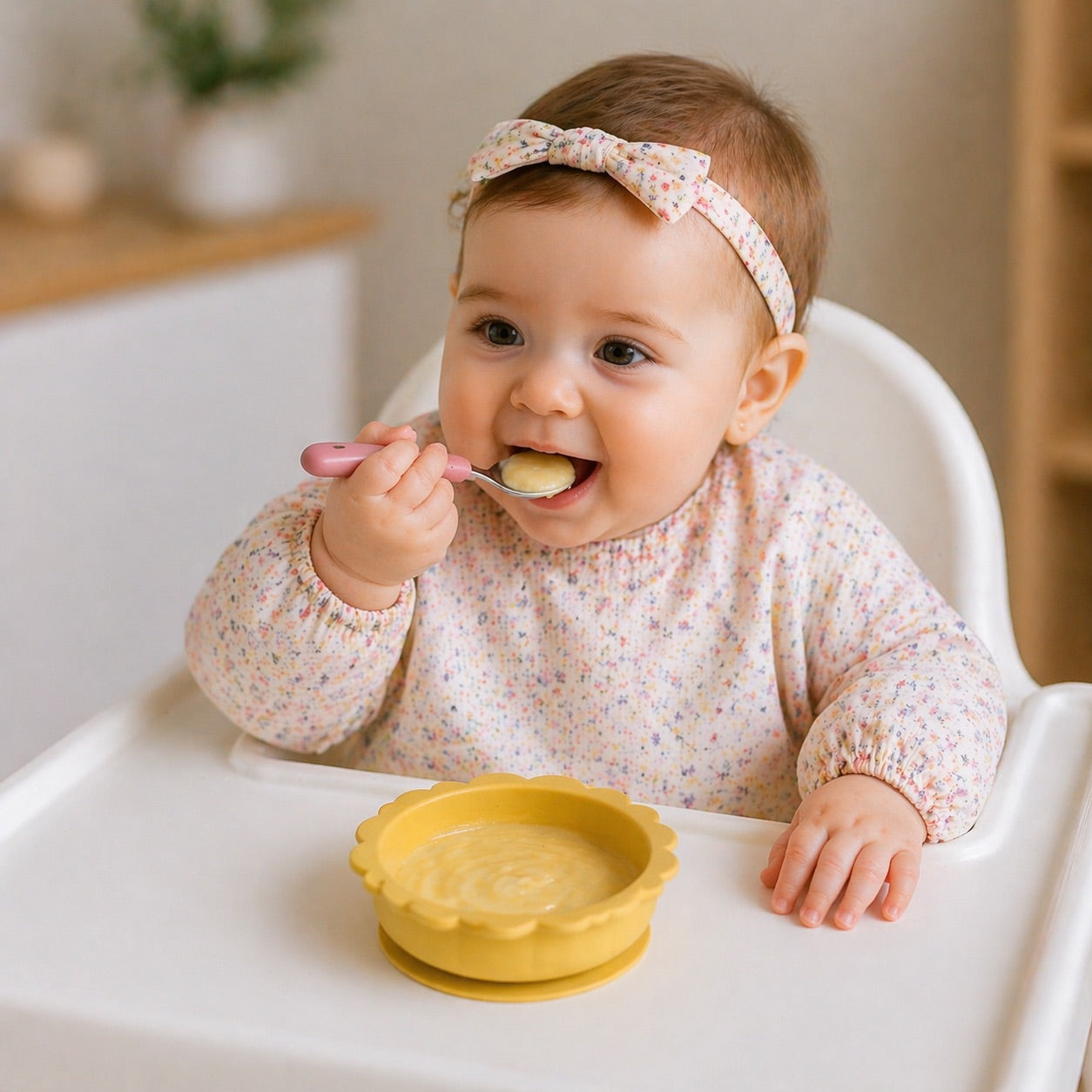 Bébé mange avec assiette bébé jaune