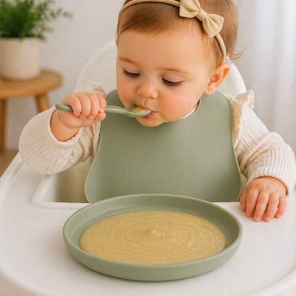 Bébé  mange avec assiette bébé vert sauge