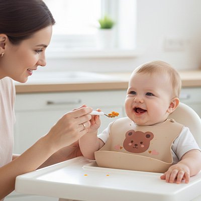 Bébé  mange avec bavoir en silicone  assis sur chaise haute