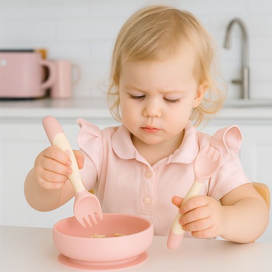 Bébé mange avec couvert pour bébé rose