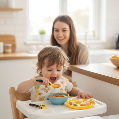 Bébé mange avec couvert pour bébé​ 