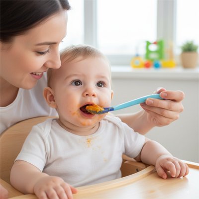 Bébé mange avec cuillère bébé bleu avec maman