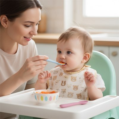 Bébé  mange avec cuillère bébé bleu