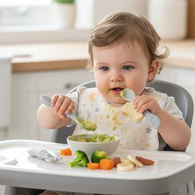 Bébé mange avec cuillère bébé grise 