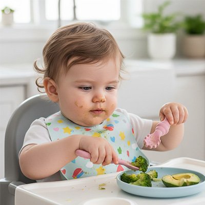 Bébé mange avec cuillère bébé rose