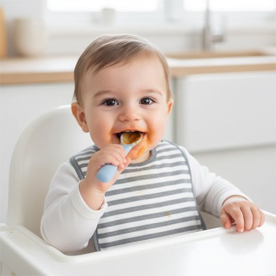 Bébé mange avec cuillère bébé 