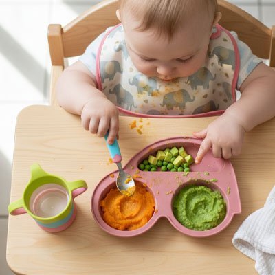 bebe mange avec cuillère et Assiette bébé ventouse 