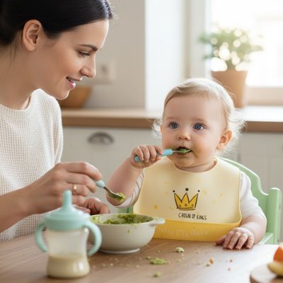 Bébé  mange avec cuillère et Bavoir silicone 