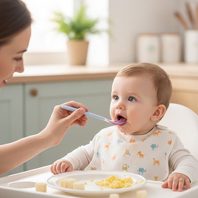 Bébé  mange avec Cuillère pour bébé bleu