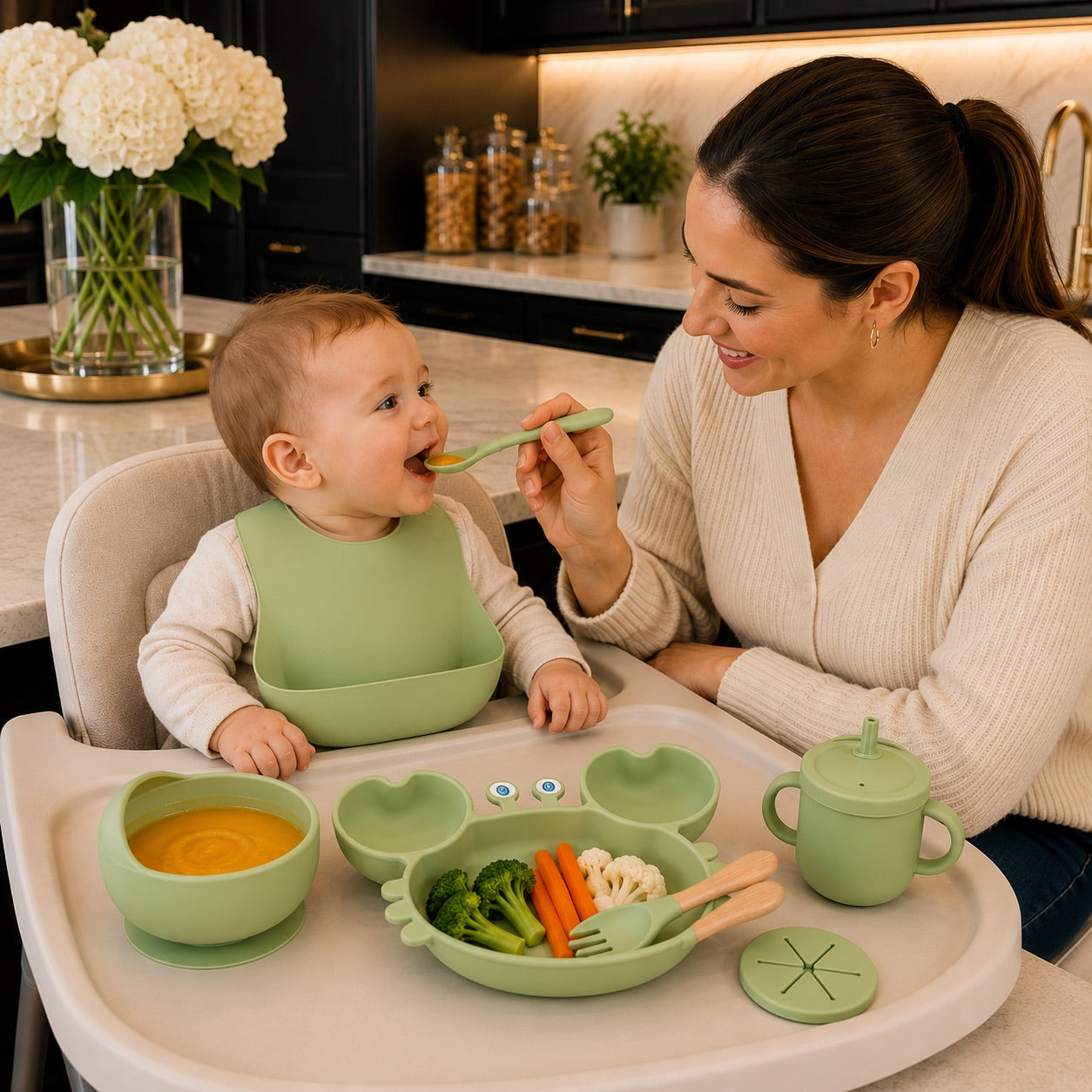 Bébé mange avec un coffret repas bébé vert