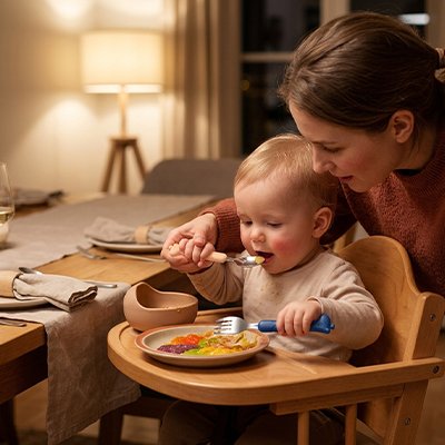 Bébé mange avec un couvert pour bébé ​bleu