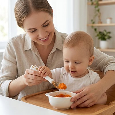 Bébé mange avec un couvert pour bébé ​du purée 