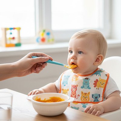 Bébé  mange avec Cuillère bébé bleu
