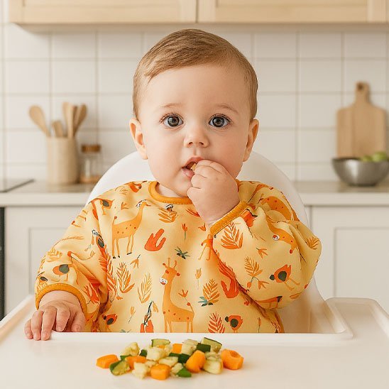 Bébé mange sur une chaise haute avec Bavoir bébé 