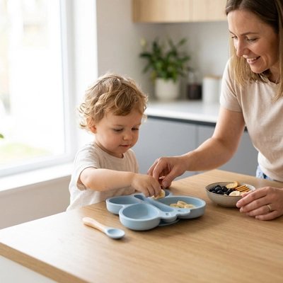 bebe. mange une collation dans une assiette bebe