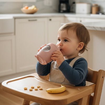 bébé porte un tasse d apprentissage 