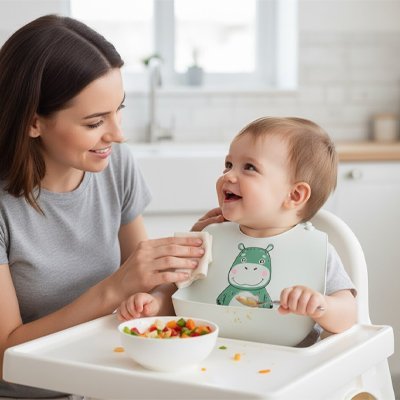 bébé sur chaise avec Bavoir silicone et bols 