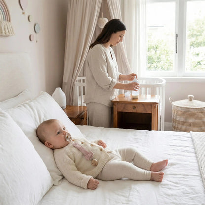bebe sur le lit avec son attache tetine